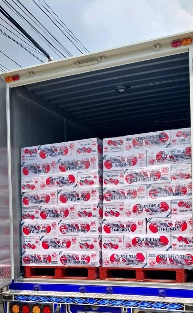 Pallets of canned goods loaded for shipment